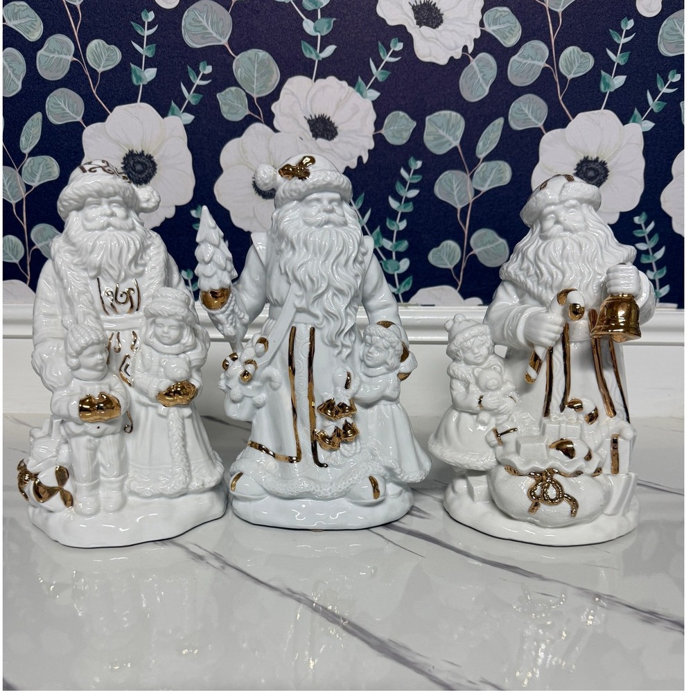 Vintage White & Gold‎ Santa Claus Christmas Figurine Set, Holiday Decor